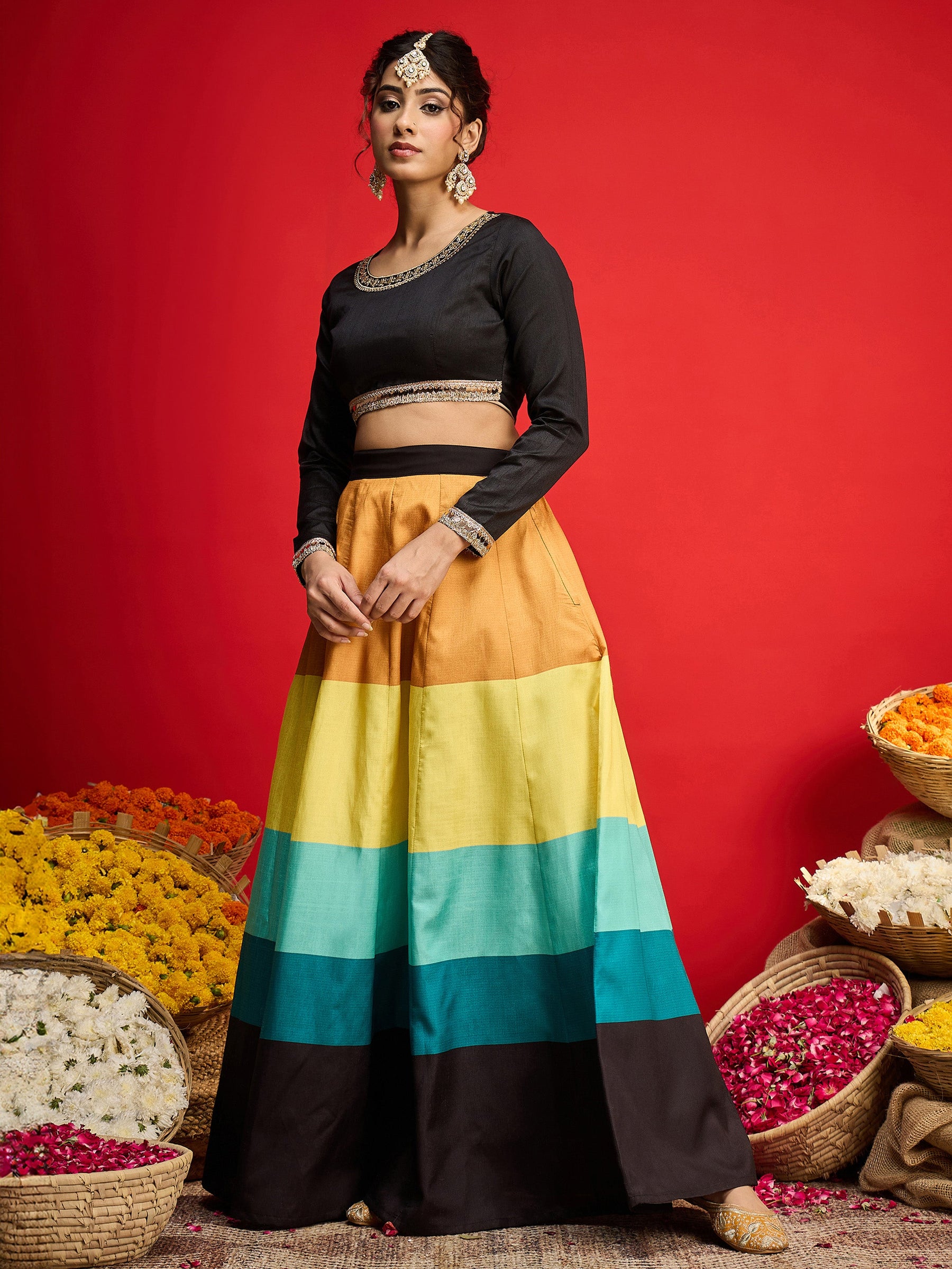Black Poly Silk Crop Top With Anarkali Skirt -Shae By SASSAFRAS