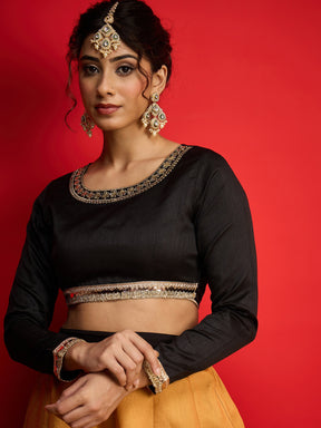 Black Poly Silk Crop Top With Anarkali Skirt -Shae By SASSAFRAS
