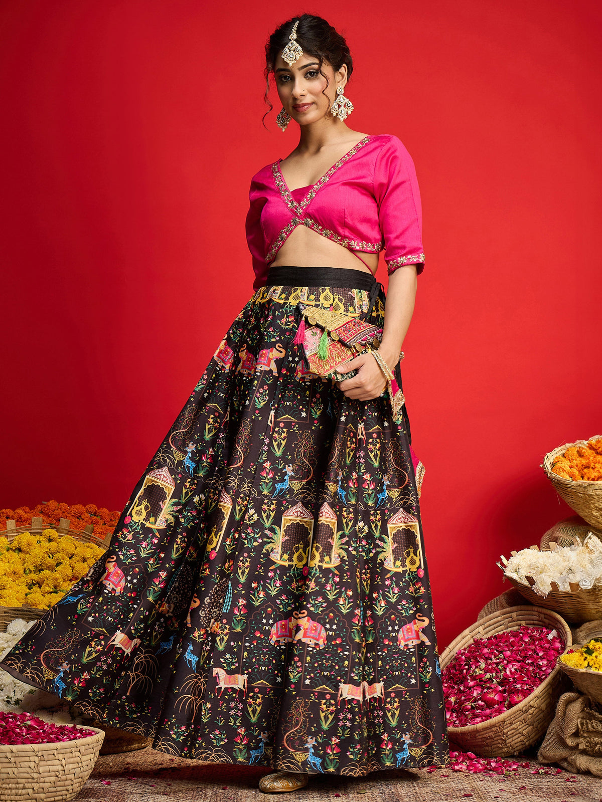 Fuchsia Poly Silk Crop Top With Anarkali Skirt -Shae By SASSAFRAS