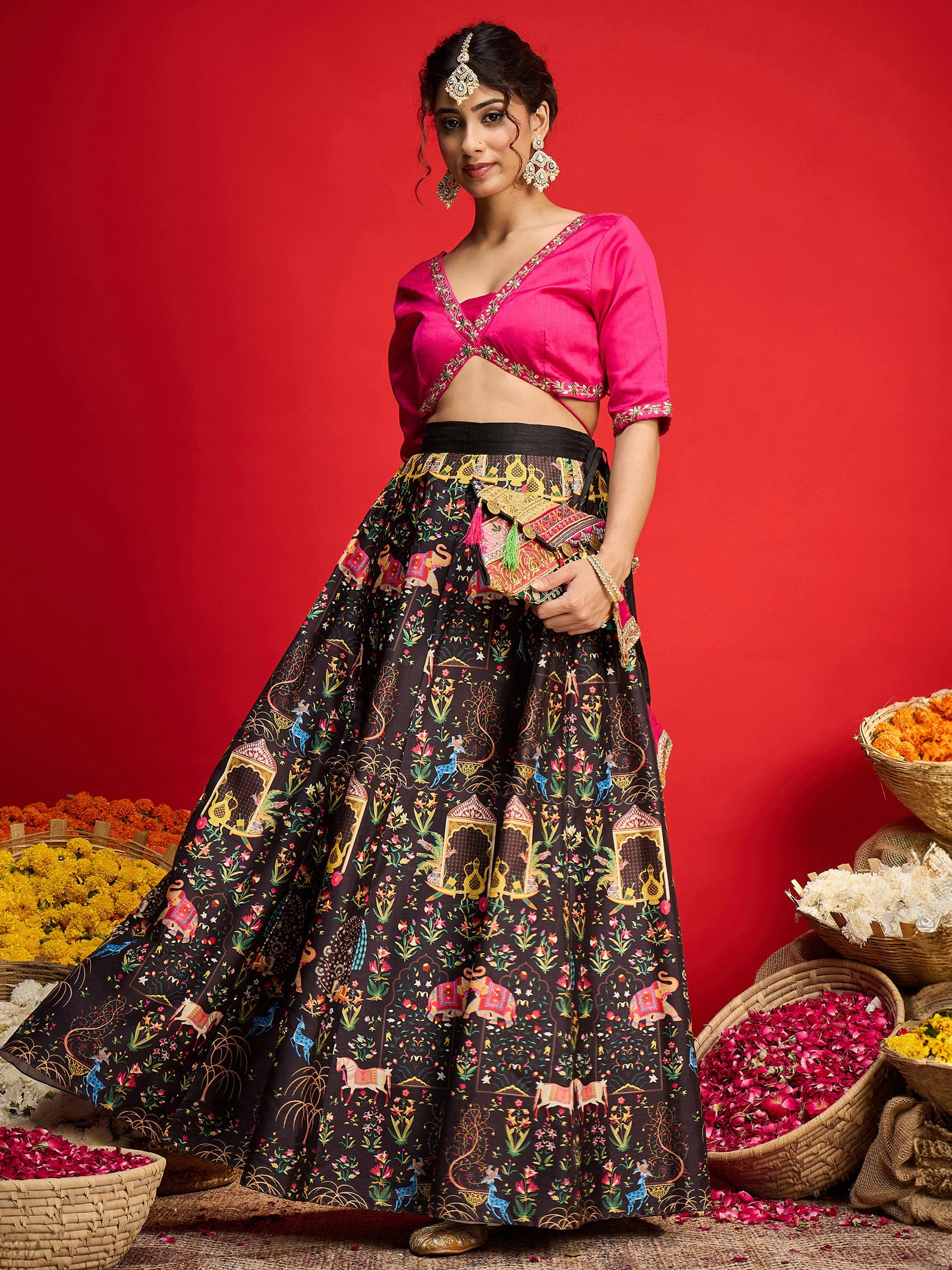Fuchsia Poly Silk Crop Top With Anarkali Skirt -Shae By SASSAFRAS