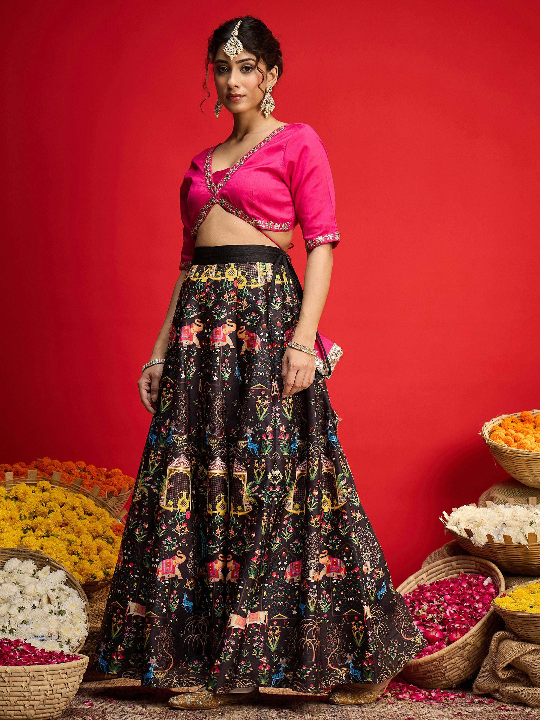 Fuchsia Poly Silk Crop Top With Anarkali Skirt -Shae By SASSAFRAS