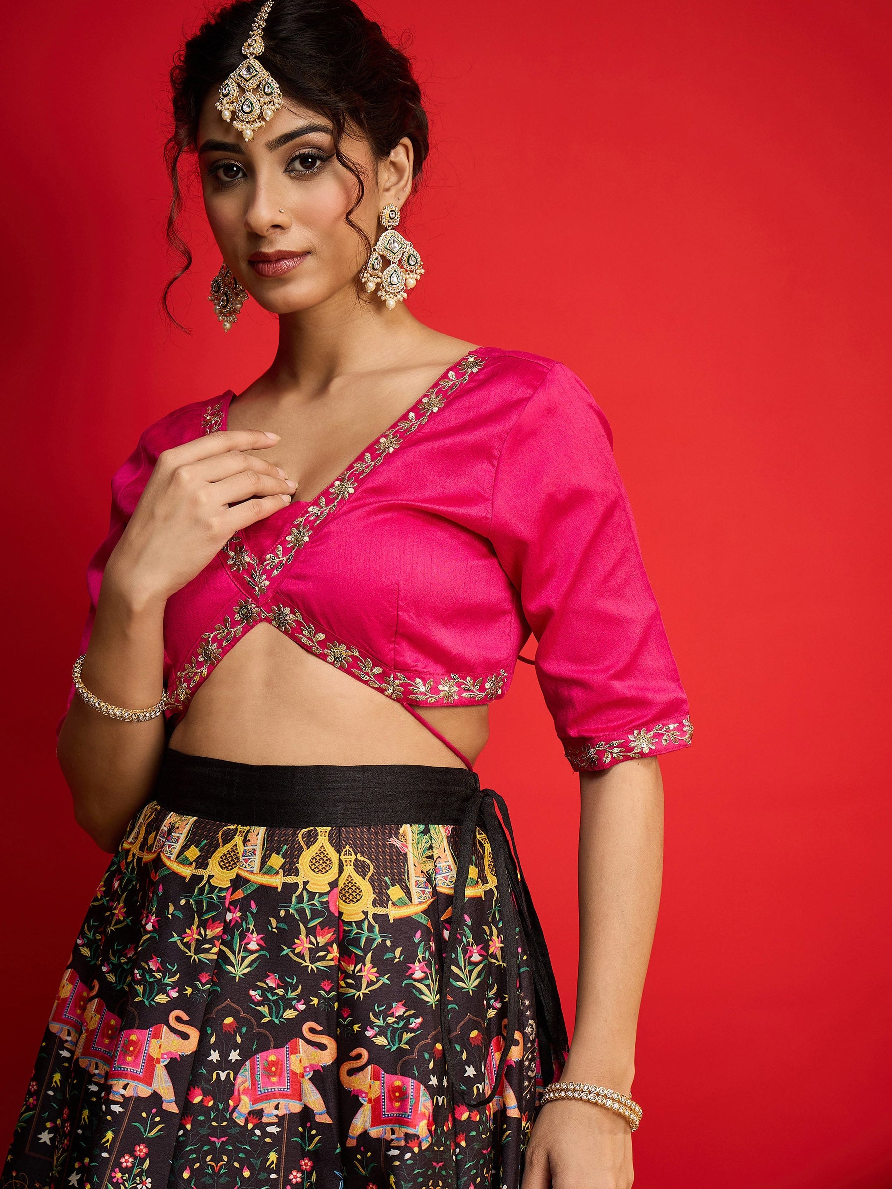 Fuchsia Poly Silk Crop Top With Anarkali Skirt -Shae By SASSAFRAS