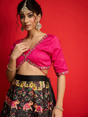 Fuchsia Poly Silk Crop Top With Anarkali Skirt -Shae By SASSAFRAS
