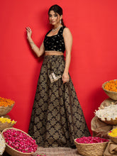 Black Velvet Crop Top With Jacquard Anarkali Skirt-Shae By SASSAFRAS