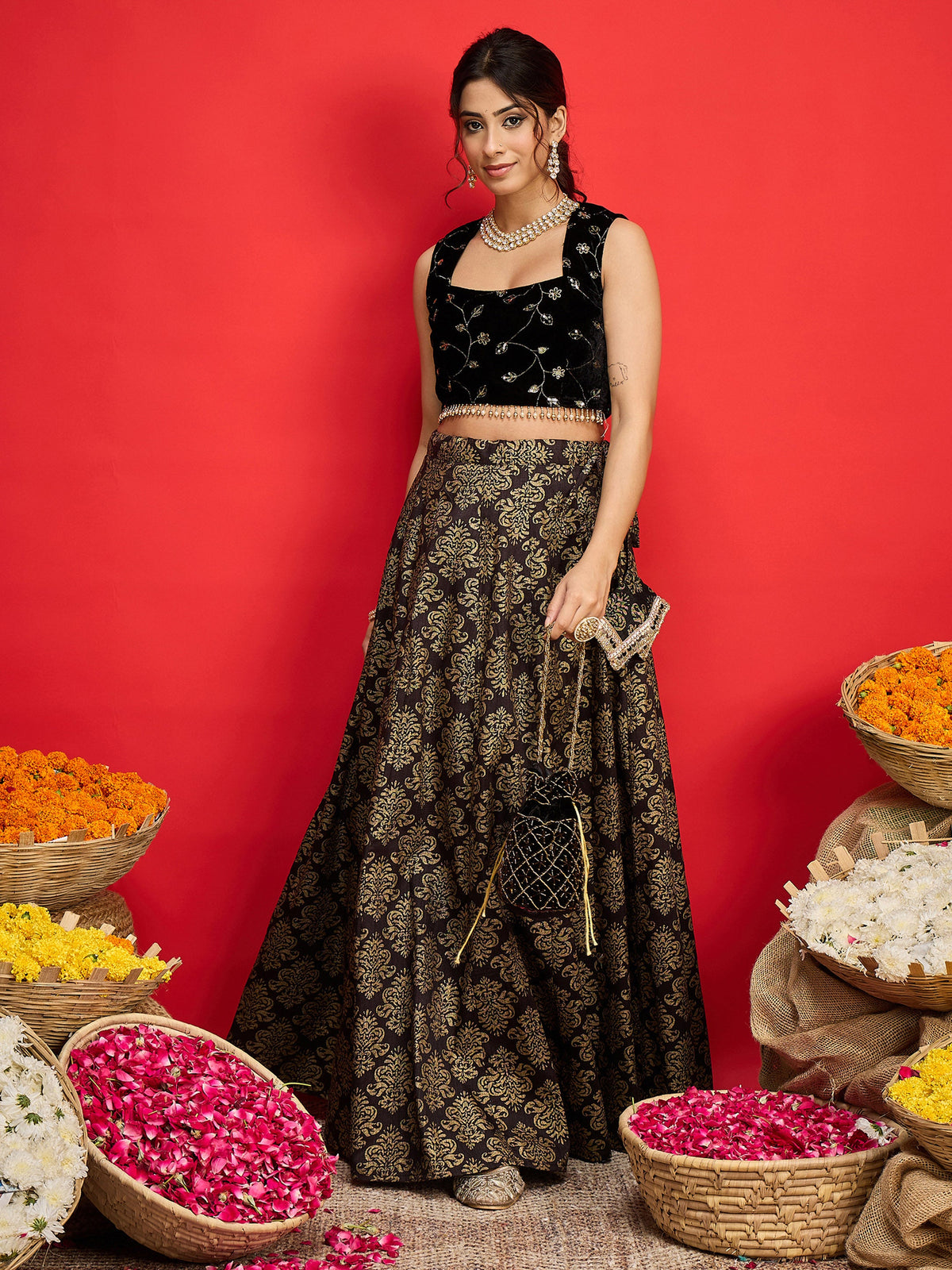 Black Velvet Crop Top With Jacquard Anarkali Skirt-Shae By SASSAFRAS