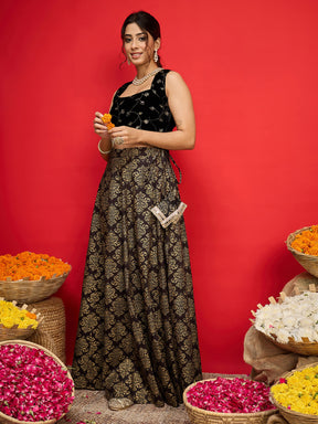 Black Velvet Crop Top With Jacquard Anarkali Skirt-Shae By SASSAFRAS