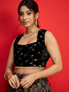 Black Velvet Crop Top With Jacquard Anarkali Skirt-Shae By SASSAFRAS
