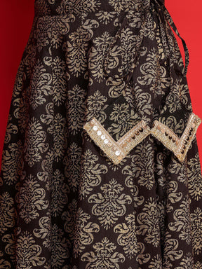 Black Velvet Crop Top With Jacquard Anarkali Skirt-Shae By SASSAFRAS