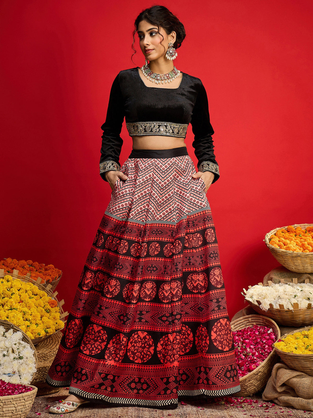Black Velvet Crop Top With Anarkali Skirt -Shae By SASSAFRAS