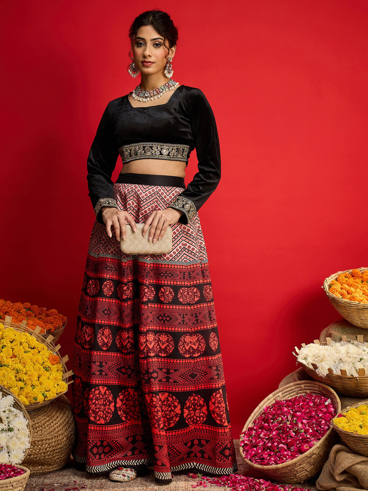 Black Velvet Crop Top With Anarkali Skirt -Shae By SASSAFRAS