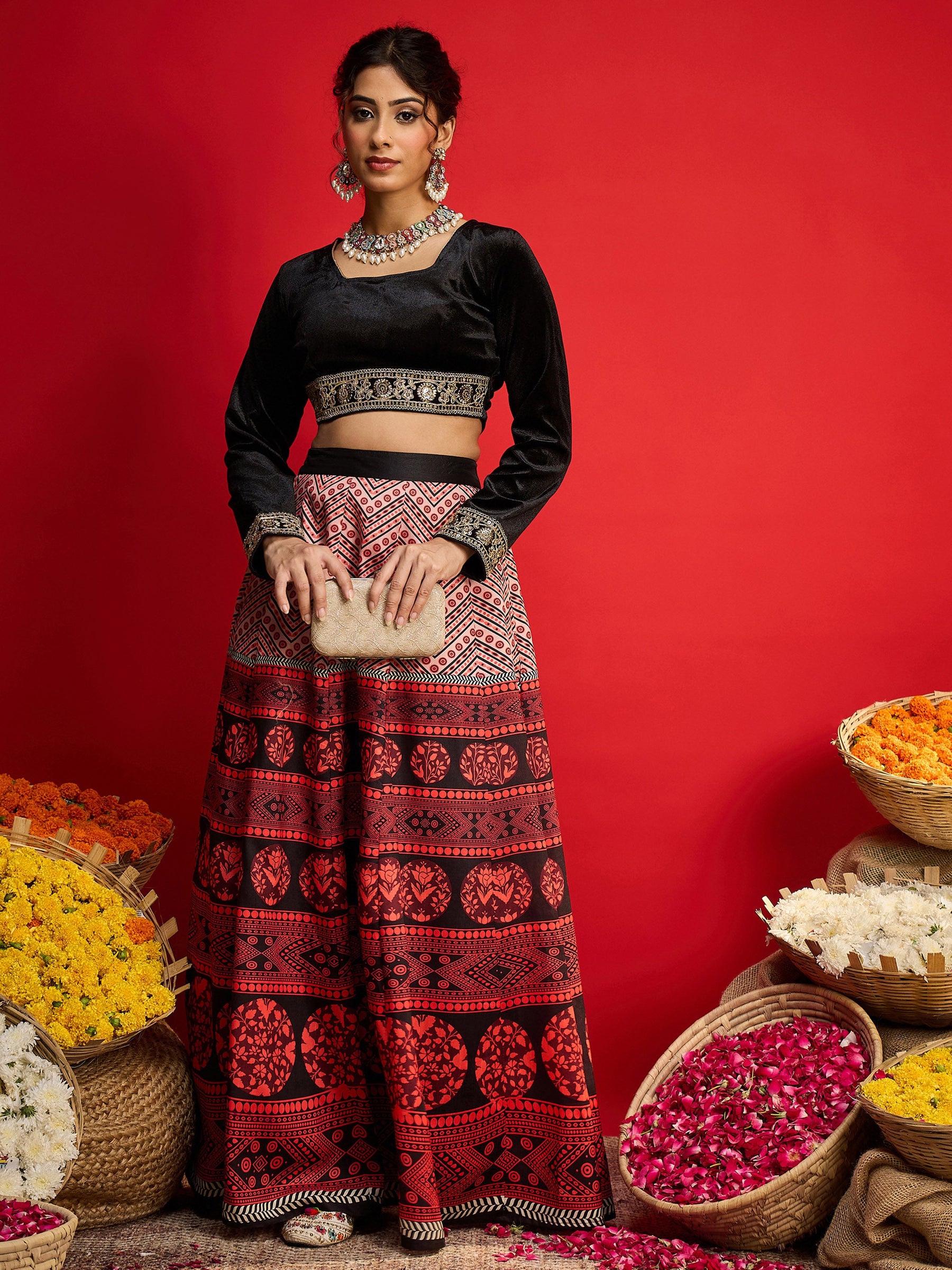 Black Velvet Crop Top With Anarkali Skirt -Shae By SASSAFRAS