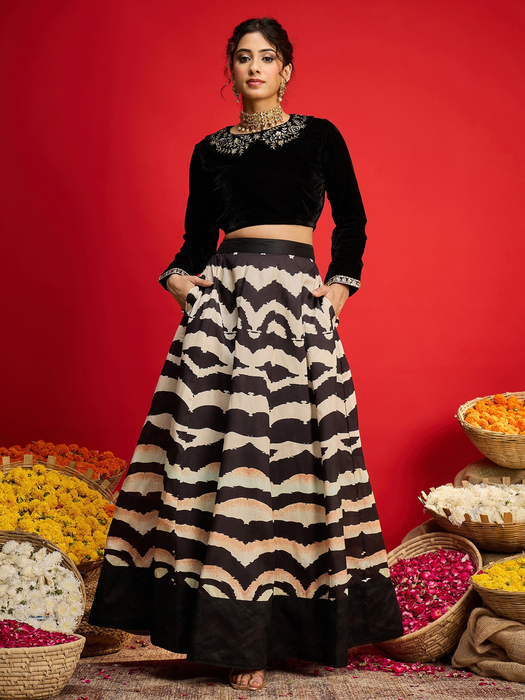Black Velvet Peter Pan Crop Top With Anarkali Skirt -Shae By SASSAFRAS