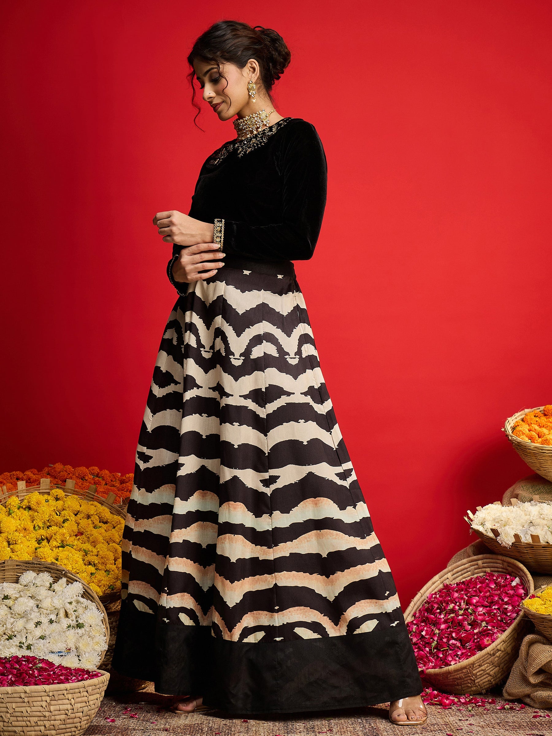 Black Velvet Peter Pan Crop Top With Anarkali Skirt -Shae By SASSAFRAS