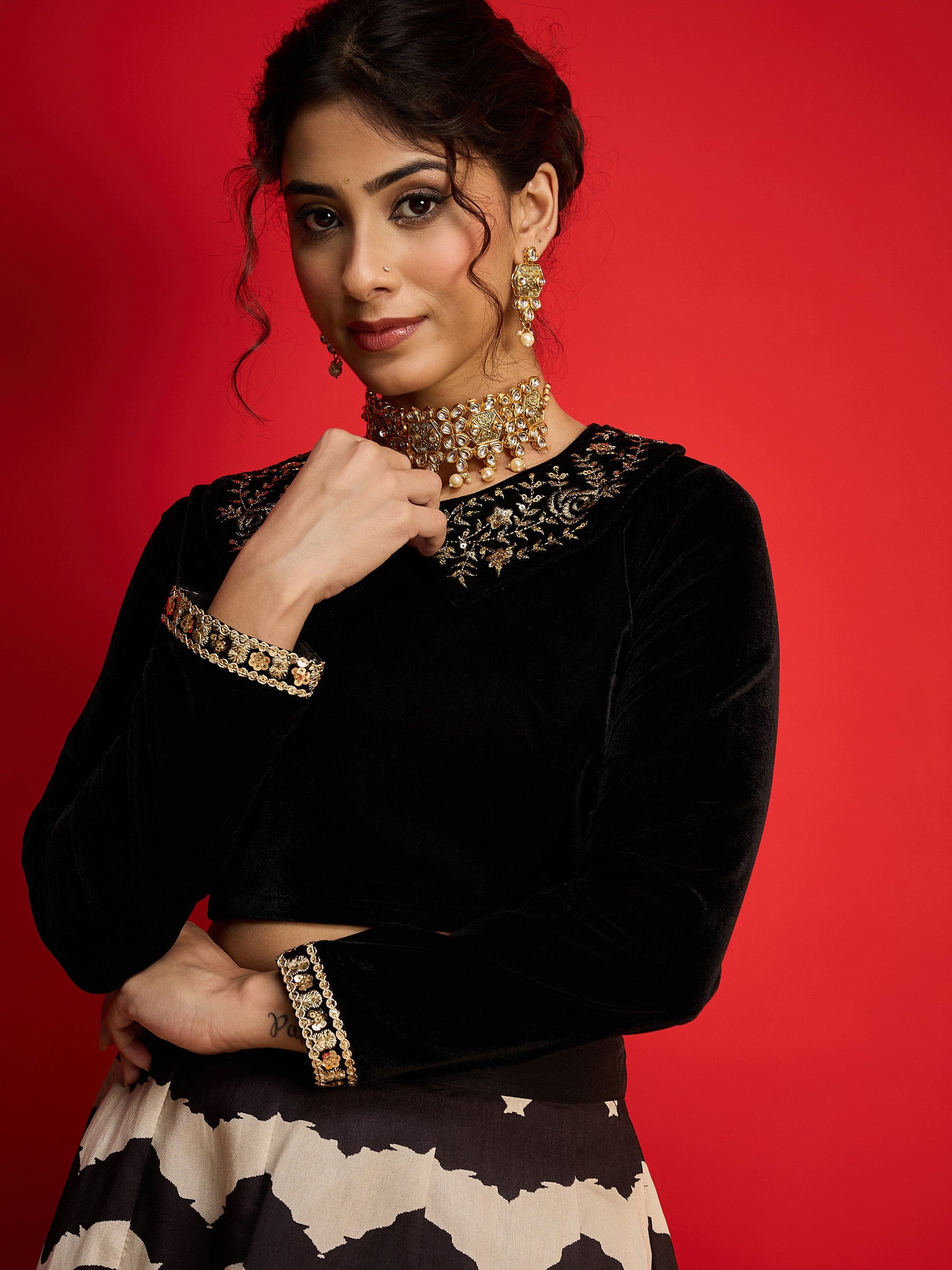 Black Velvet Peter Pan Crop Top With Anarkali Skirt -Shae By SASSAFRAS