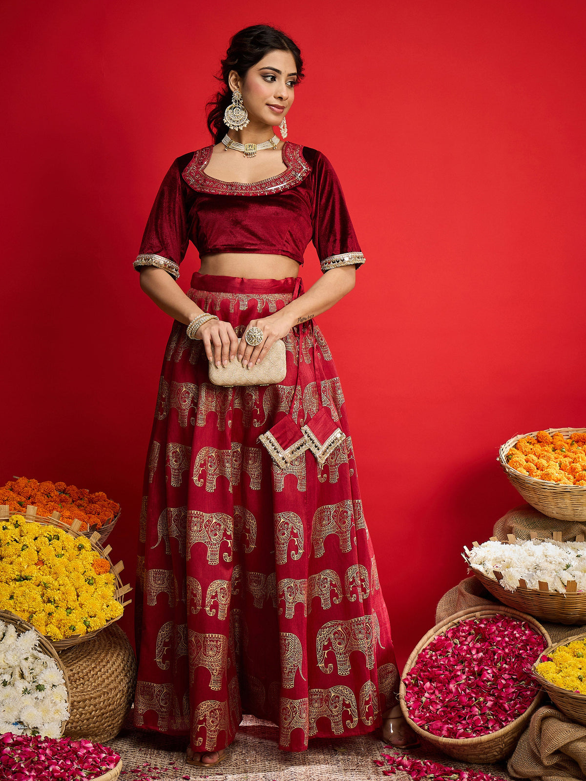 Maroon Velvet Crop Top With Anarkali Skirt -Shae By SASSAFRAS
