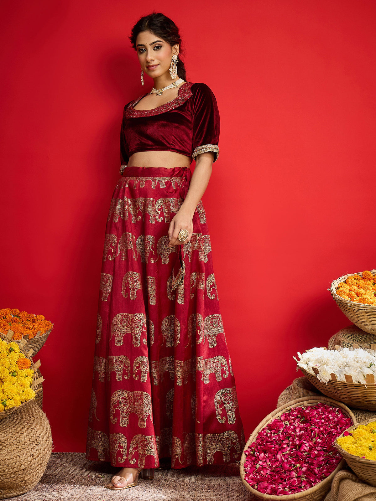 Maroon Velvet Crop Top With Anarkali Skirt -Shae By SASSAFRAS