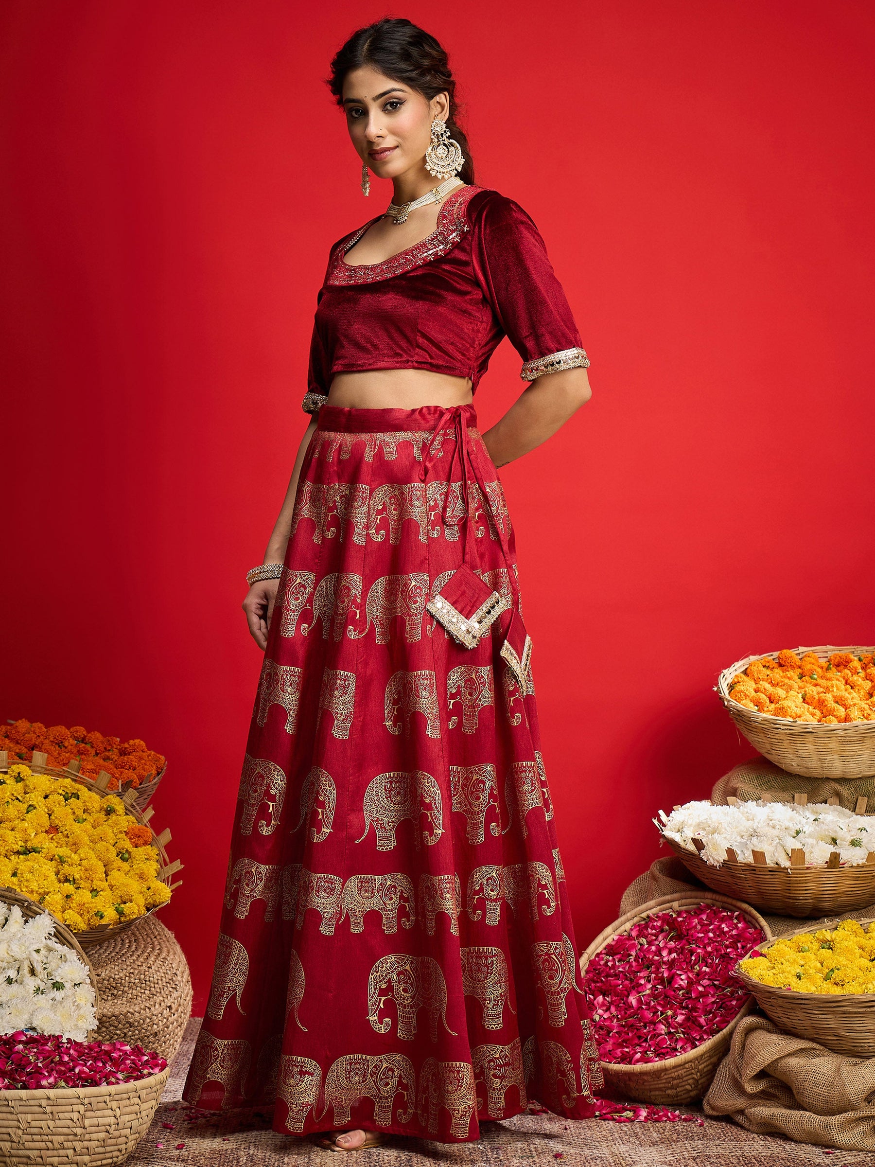 Maroon Velvet Crop Top With Anarkali Skirt -Shae By SASSAFRAS