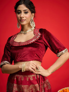 Maroon Velvet Crop Top With Anarkali Skirt -Shae By SASSAFRAS