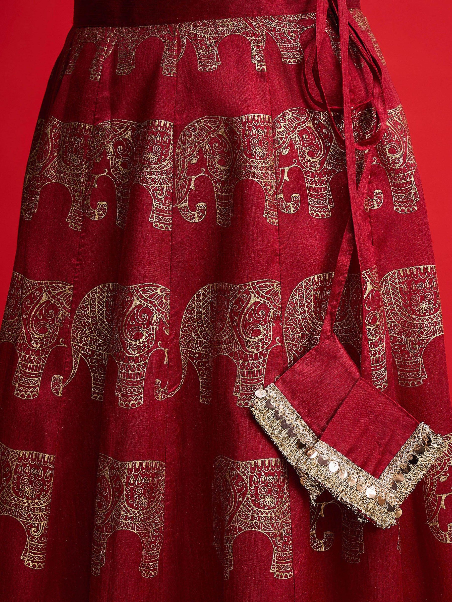 Maroon Velvet Crop Top With Anarkali Skirt -Shae By SASSAFRAS