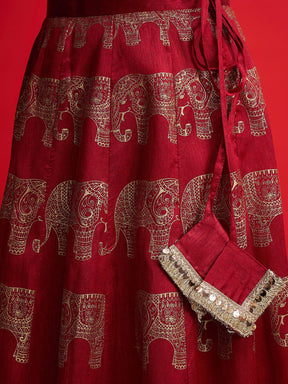 Maroon Velvet Crop Top With Anarkali Skirt -Shae By SASSAFRAS