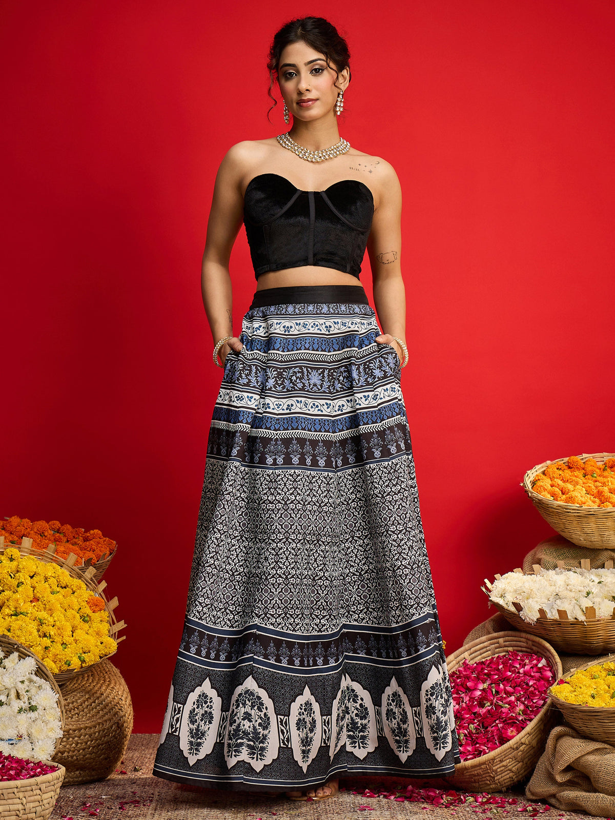 Black Velvet Bustier Top With Anarkali Skirt -Shae By SASSAFRAS