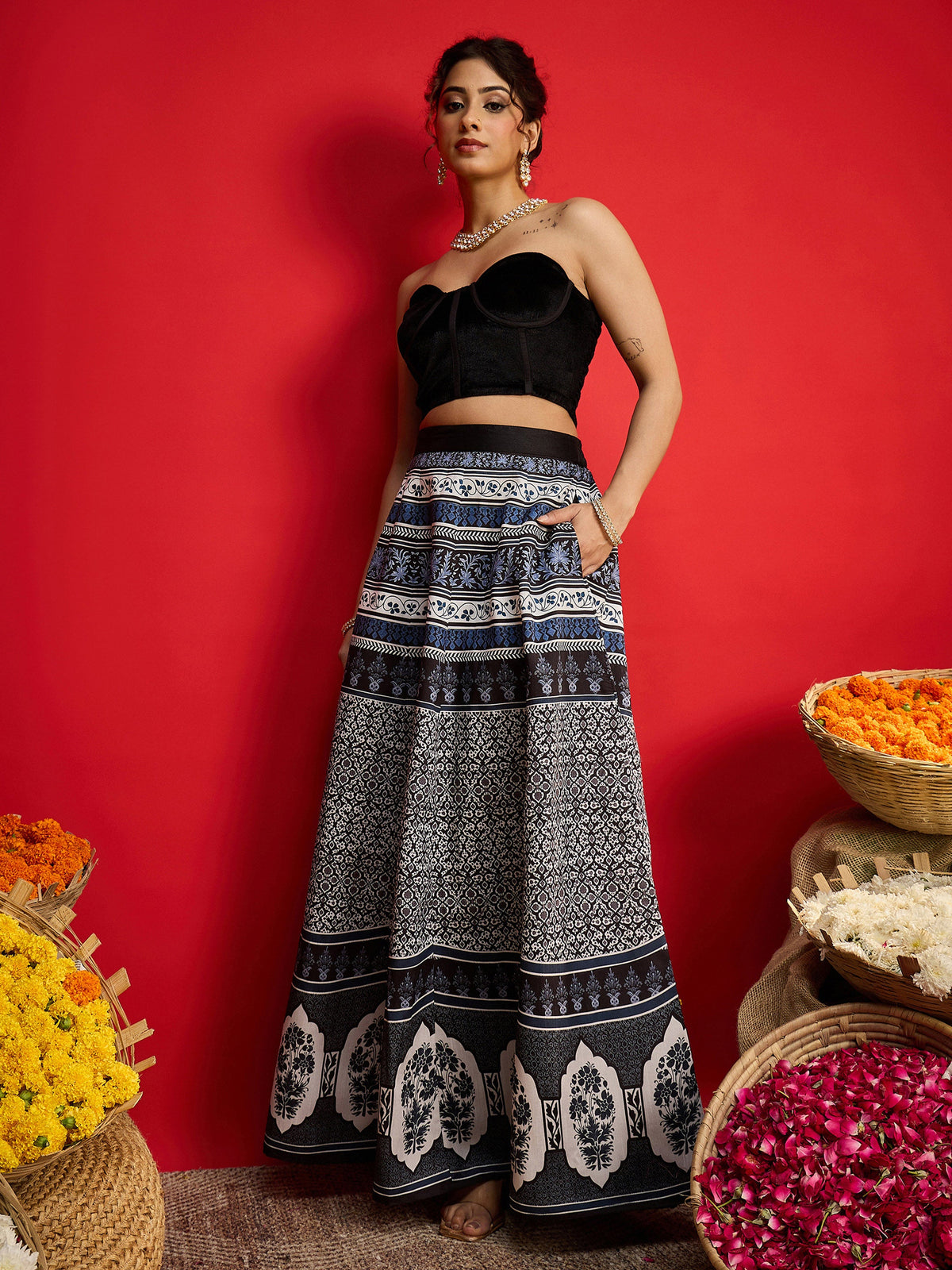 Black Velvet Bustier Top With Anarkali Skirt -Shae By SASSAFRAS
