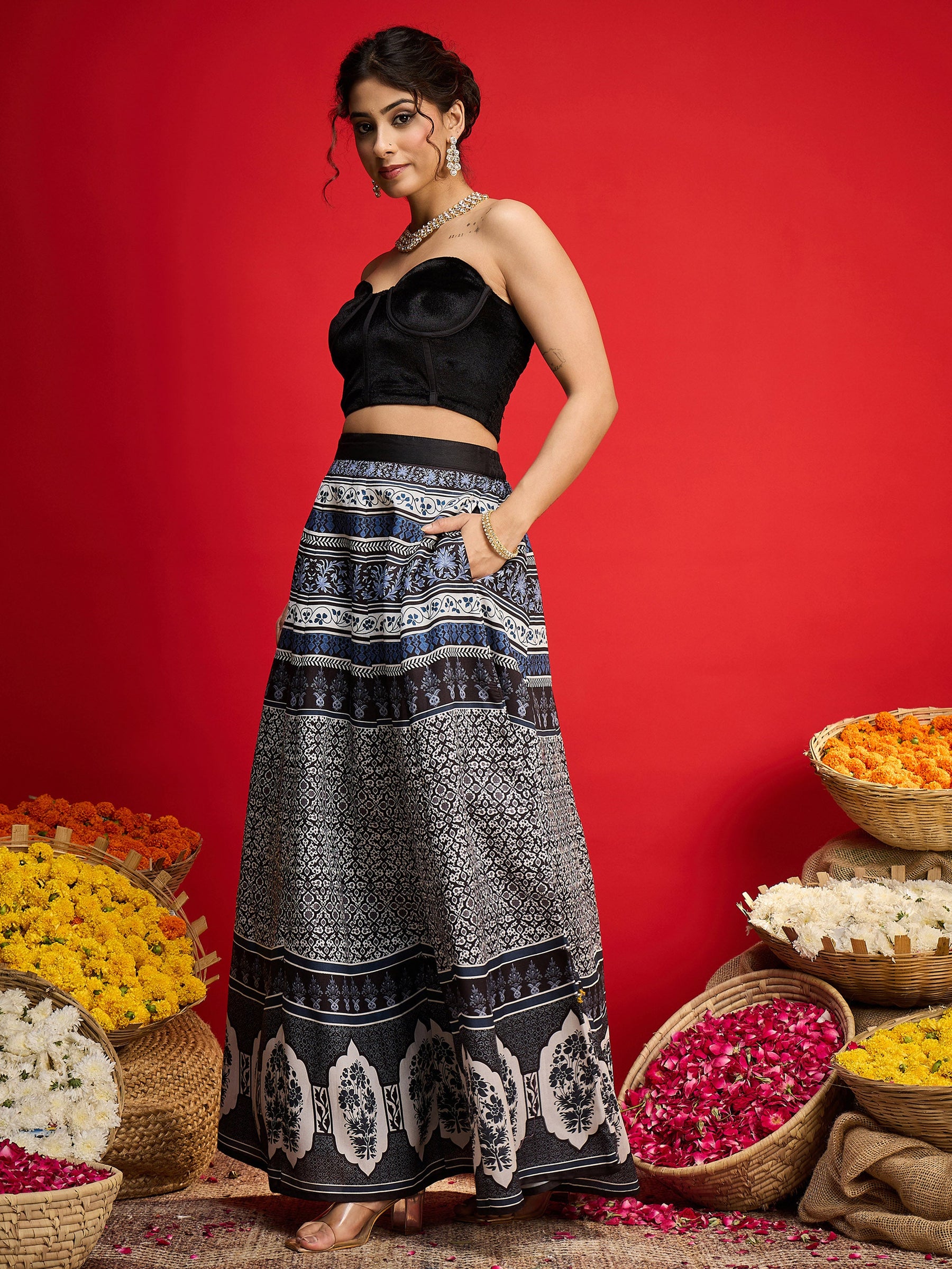 Black Velvet Bustier Top With Anarkali Skirt -Shae By SASSAFRAS