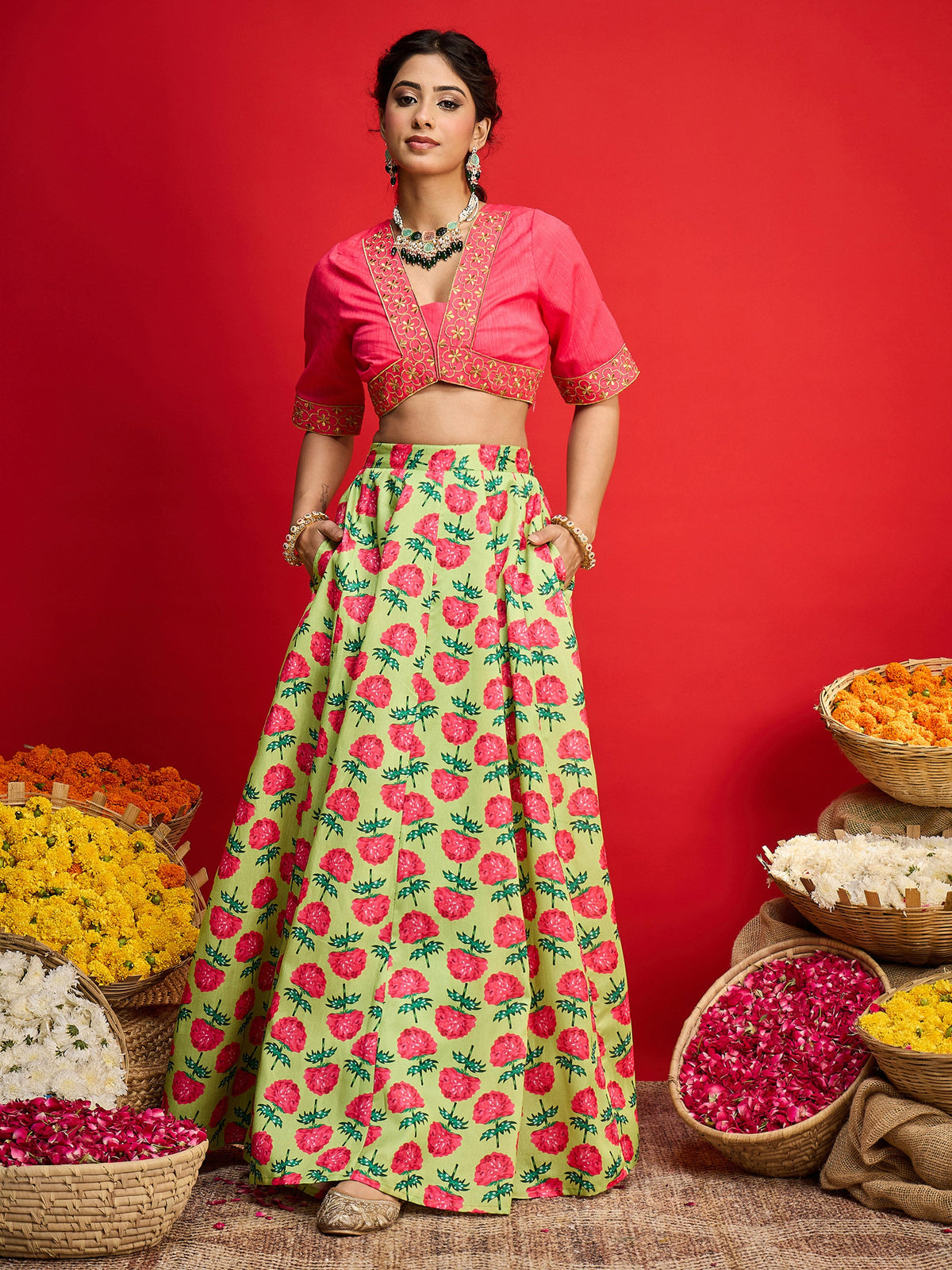 Pink Dupion Silk Crop Top With Anarkali Skirt -Shae By SASSAFRAS