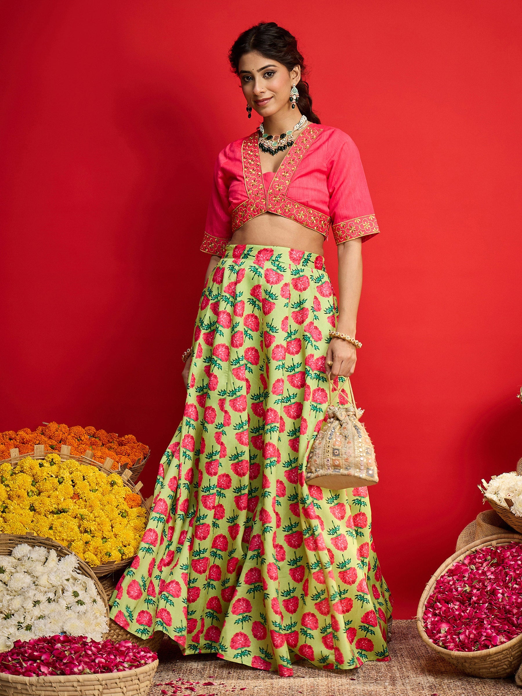 Pink Dupion Silk Crop Top With Anarkali Skirt -Shae By SASSAFRAS