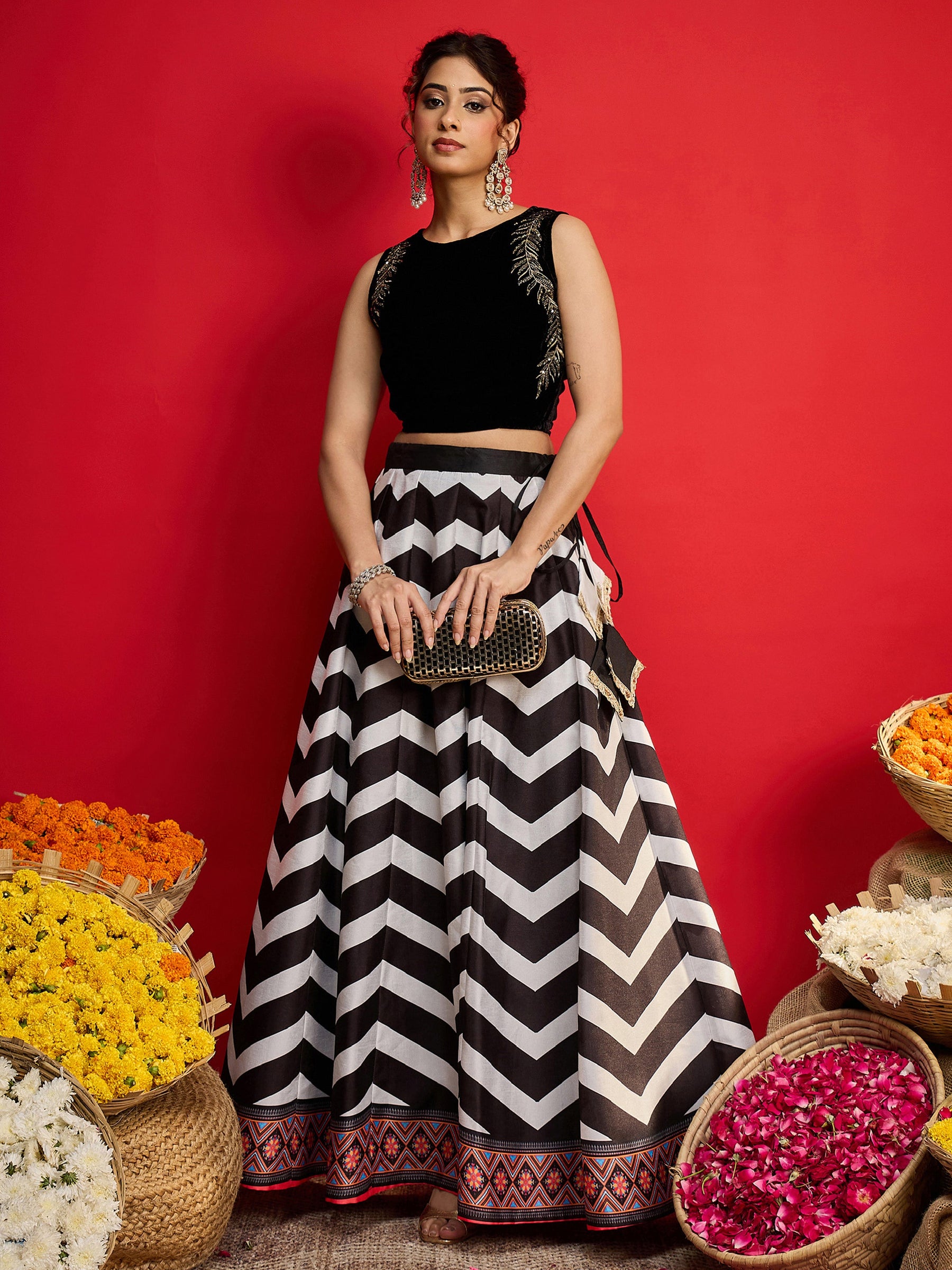Black Velvet Sleeveless Crop Top With Anarkali Skirt -Shae By SASSAFRAS