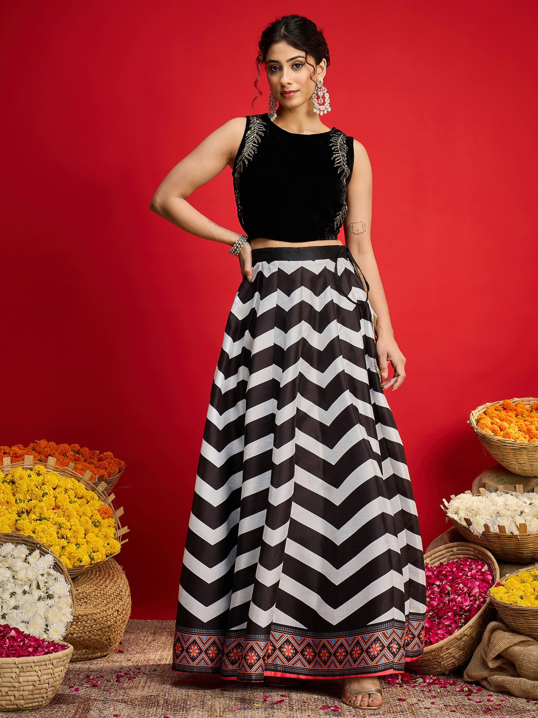 Black Velvet Sleeveless Crop Top With Anarkali Skirt -Shae By SASSAFRAS