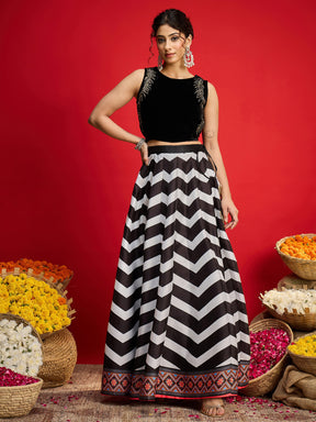 Black Velvet Sleeveless Crop Top With Anarkali Skirt -Shae By SASSAFRAS