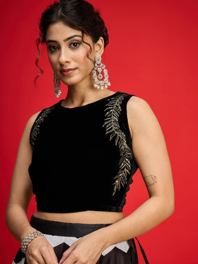 Black Velvet Sleeveless Crop Top With Anarkali Skirt -Shae By SASSAFRAS