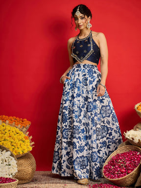 Navy Embroidered Crop Top With Anarkali Skirt -Shae By SASSAFRAS