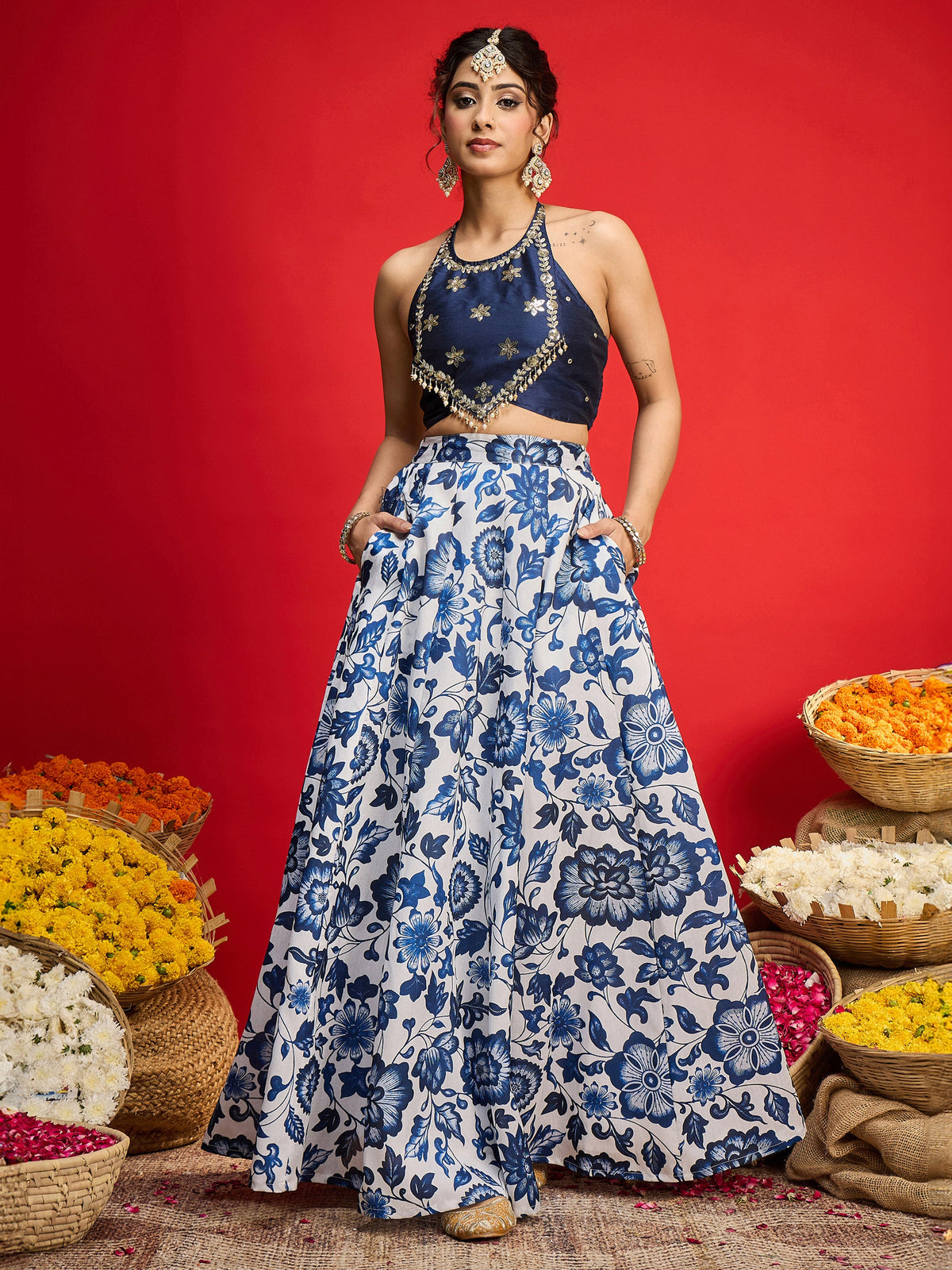 Navy Embroidered Crop Top With Anarkali Skirt -Shae By SASSAFRAS