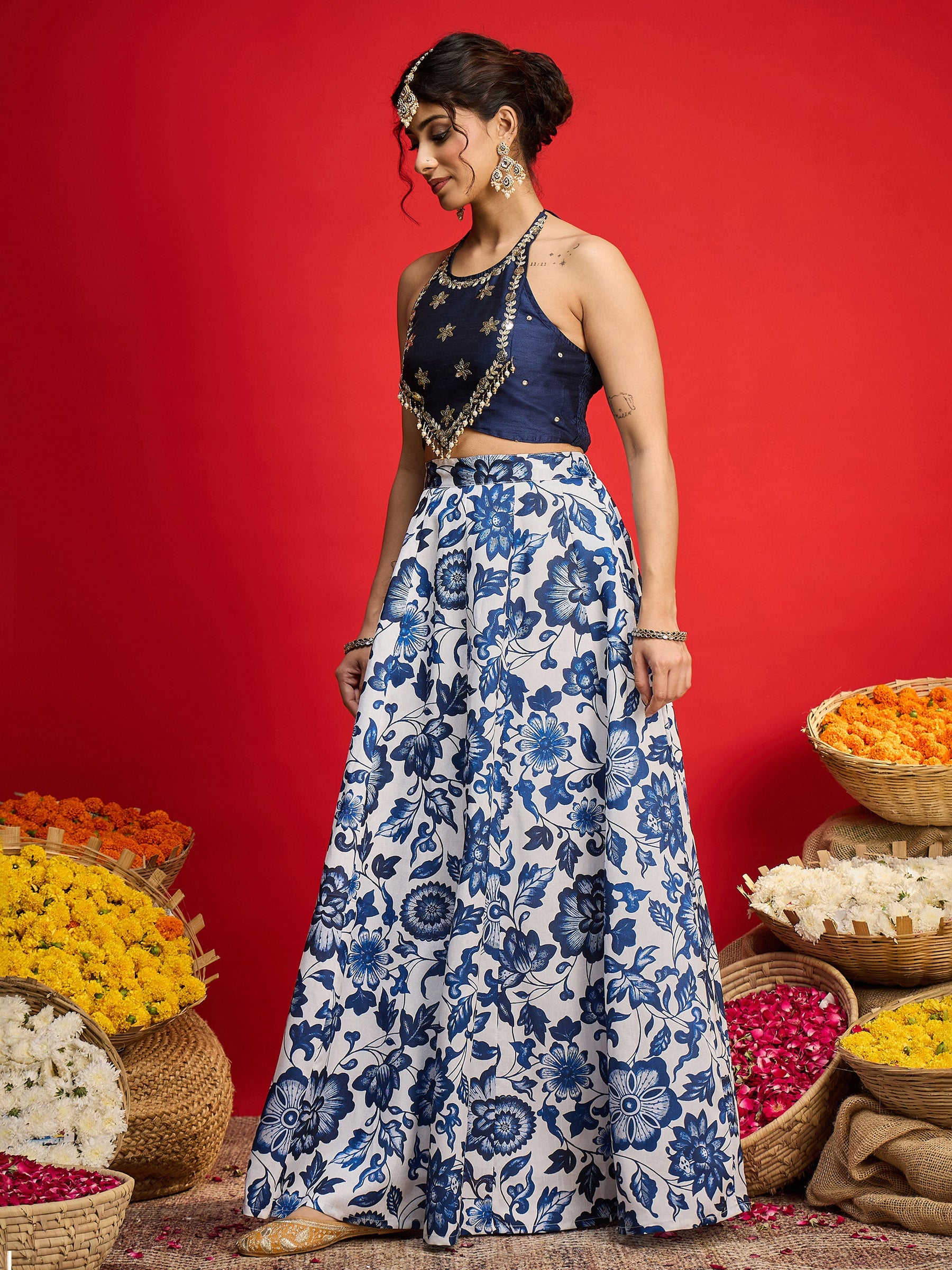 Navy Embroidered Crop Top With Anarkali Skirt -Shae By SASSAFRAS