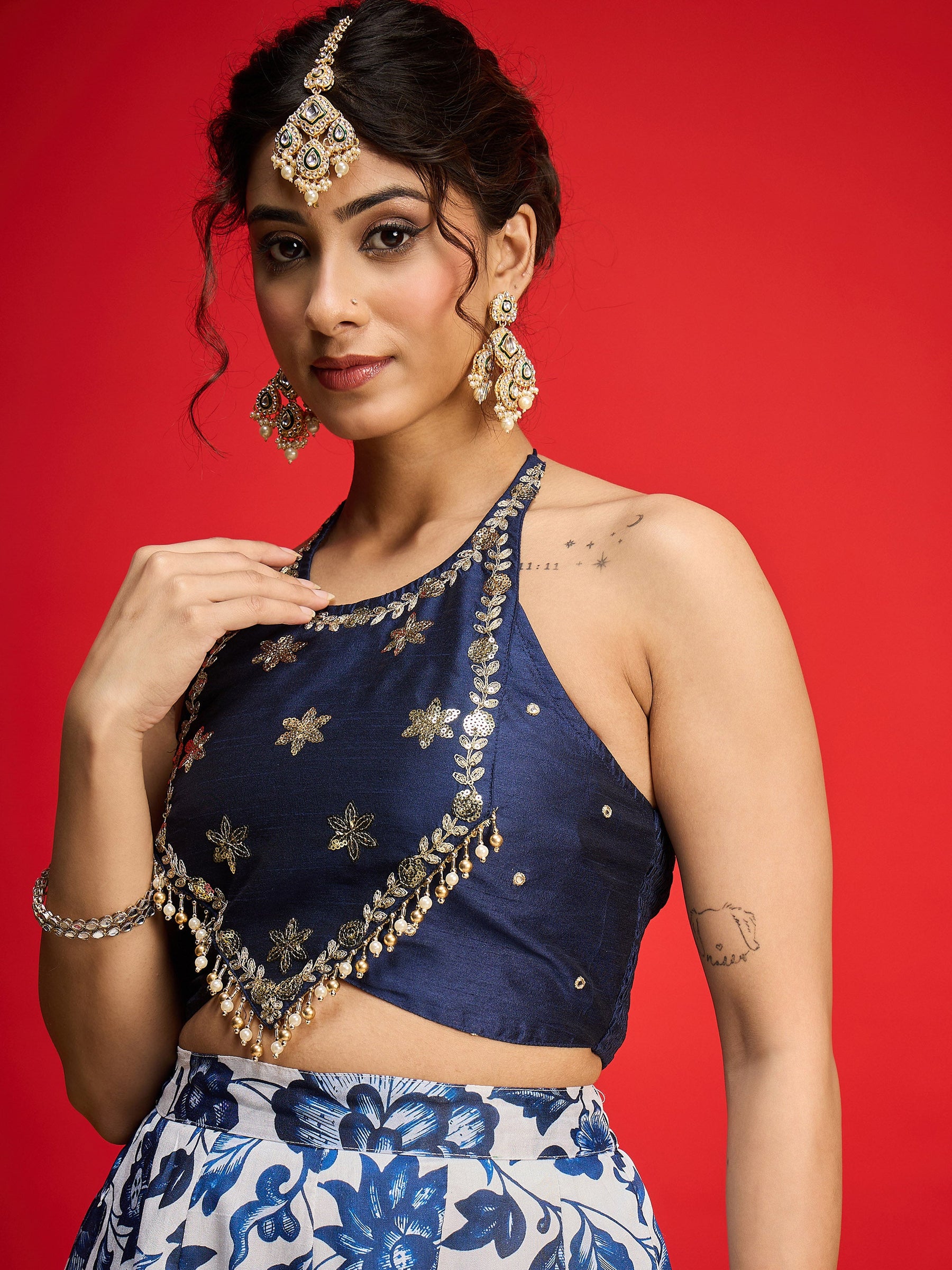 Navy Embroidered Crop Top With Anarkali Skirt -Shae By SASSAFRAS