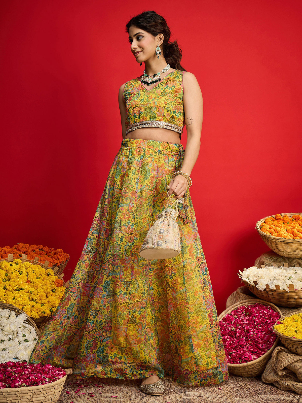 Yellow Chanderi Crop Top With Aanrkali Skirt-Shae By SASSAFRAS