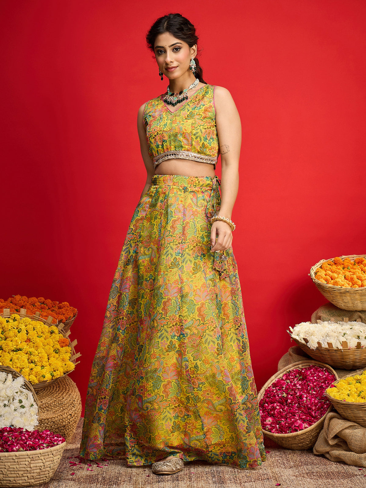 Yellow Chanderi Crop Top With Aanrkali Skirt-Shae By SASSAFRAS
