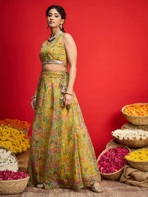 Yellow Chanderi Crop Top With Aanrkali Skirt-Shae By SASSAFRAS