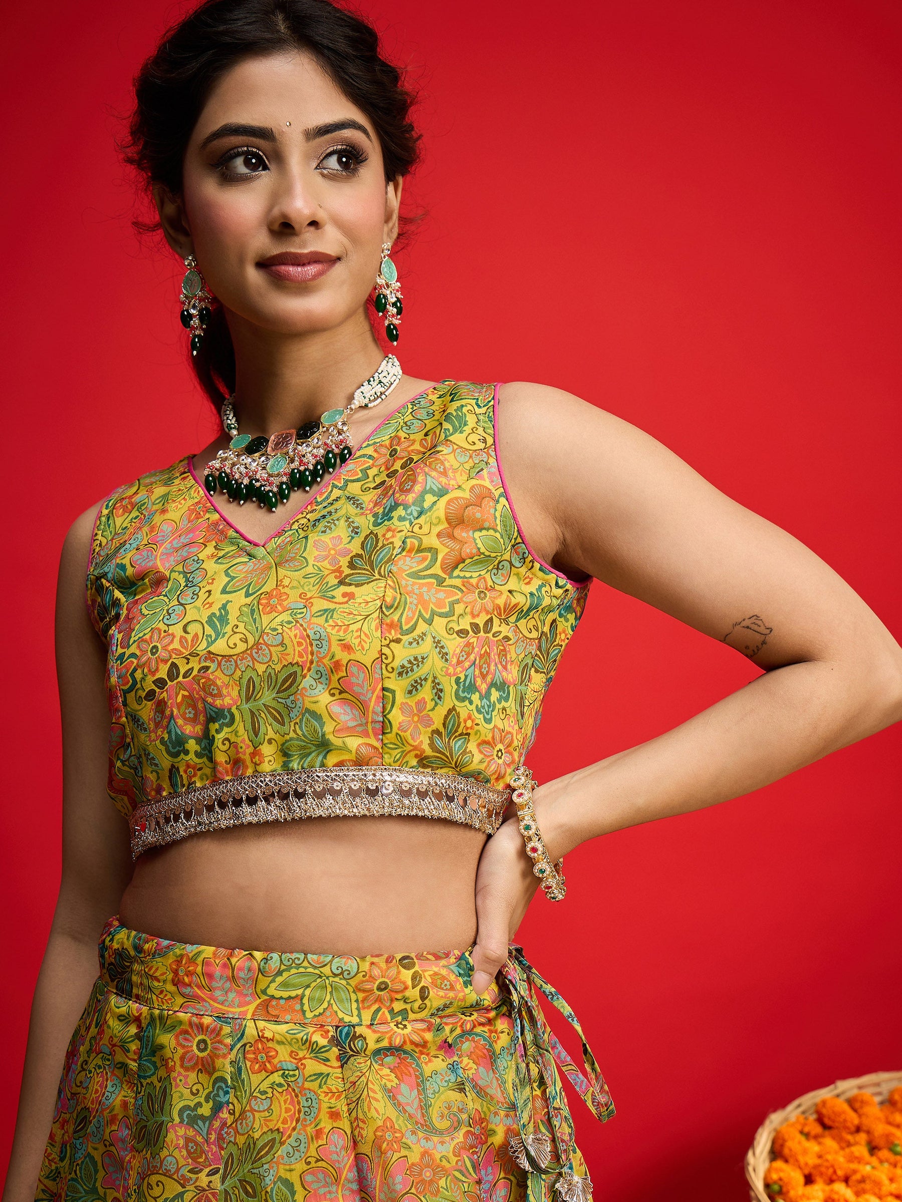 Yellow Chanderi Crop Top With Aanrkali Skirt-Shae By SASSAFRAS