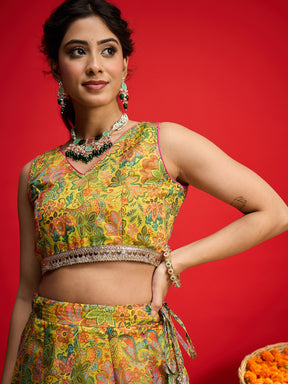 Yellow Chanderi Crop Top With Aanrkali Skirt-Shae By SASSAFRAS