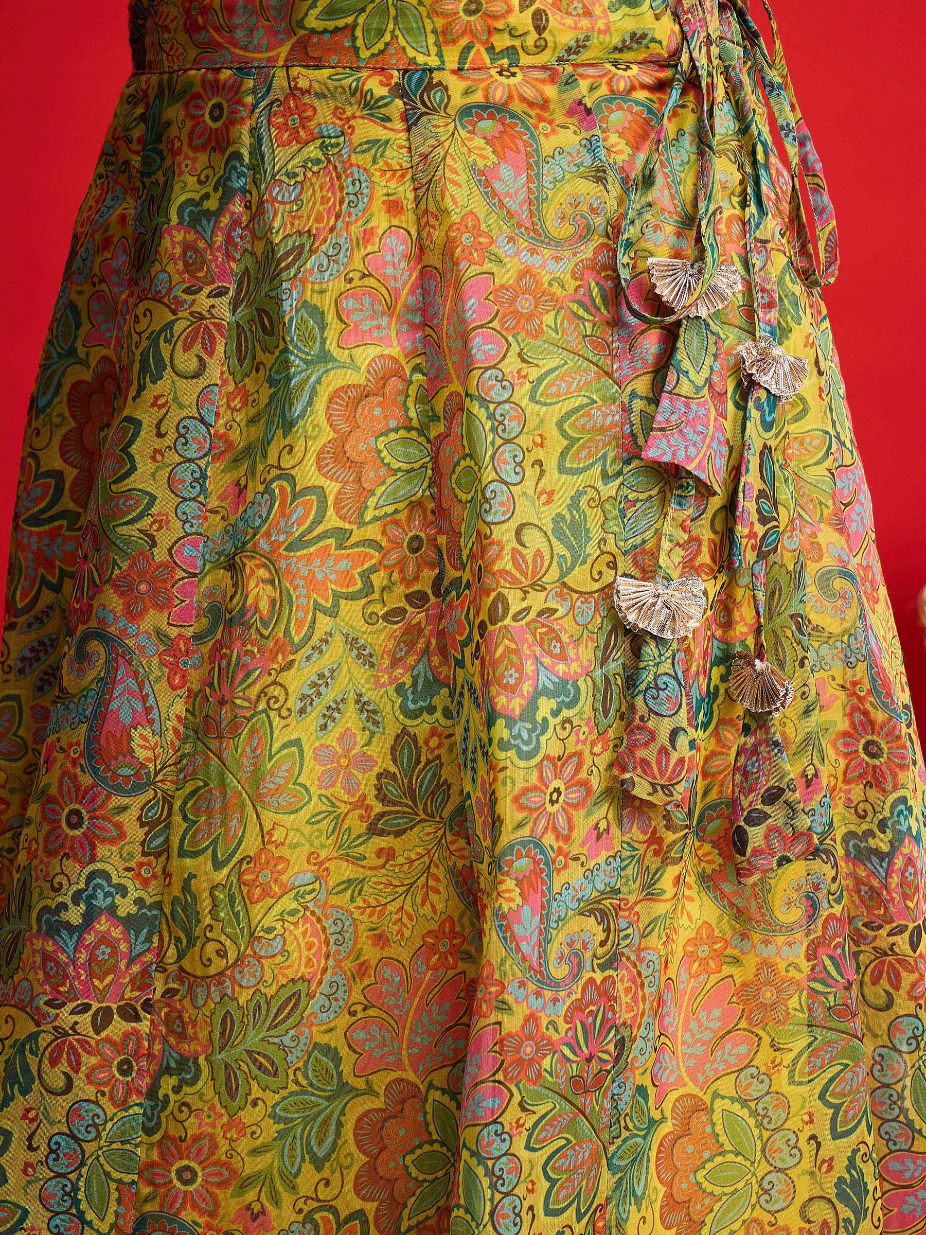 Yellow Chanderi Crop Top With Aanrkali Skirt-Shae By SASSAFRAS