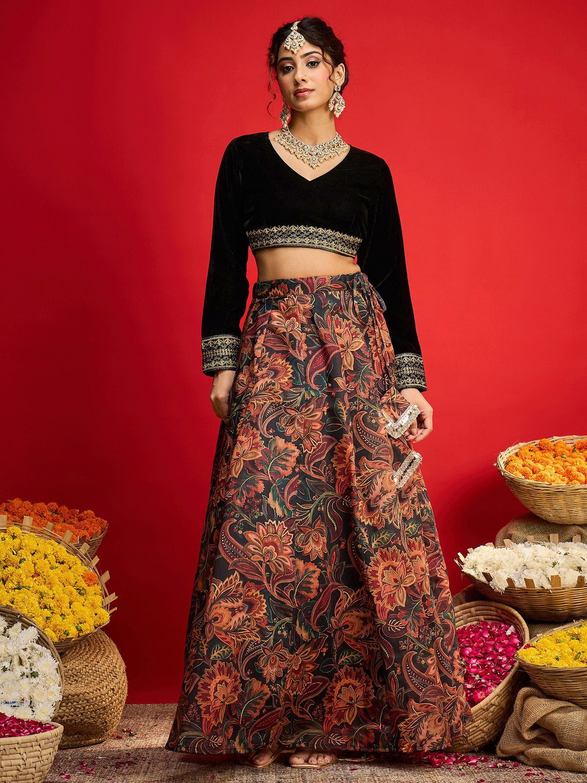 Black Velvet Full Sleeves Crop Top With Anarkali Skirt -Shae By SASSAFRAS