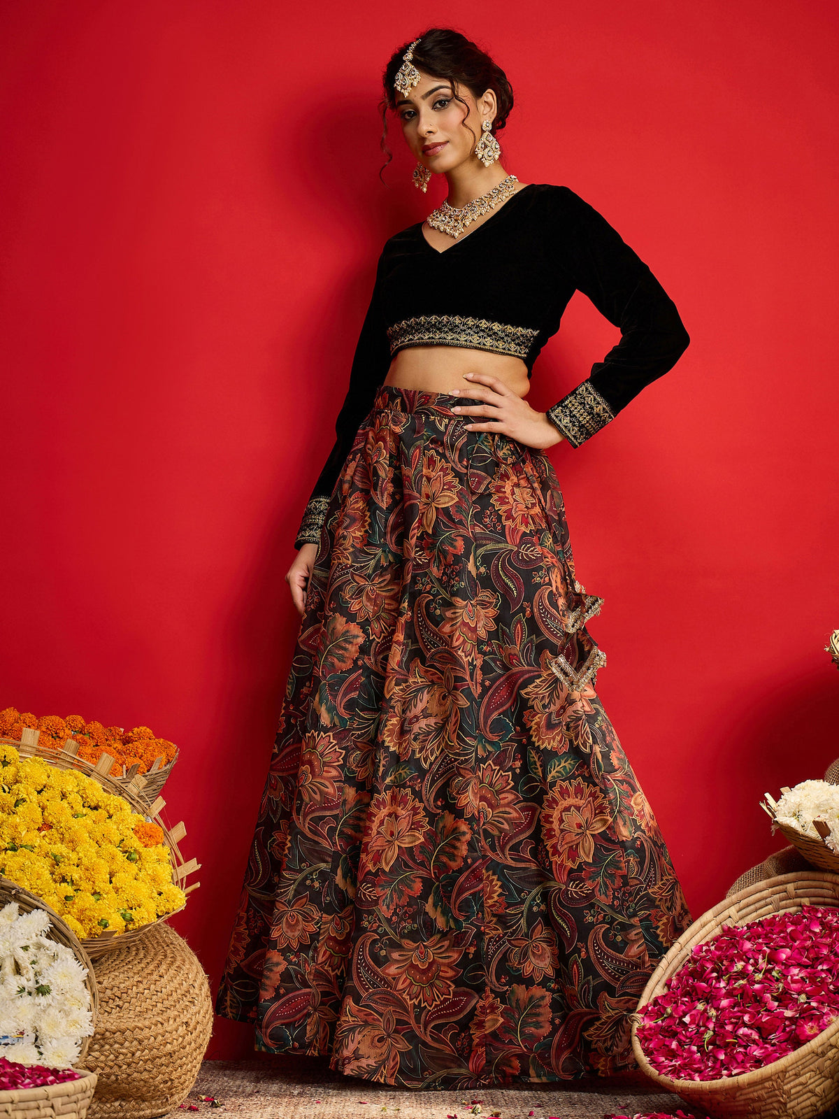 Black Velvet Full Sleeves Crop Top With Anarkali Skirt -Shae By SASSAFRAS