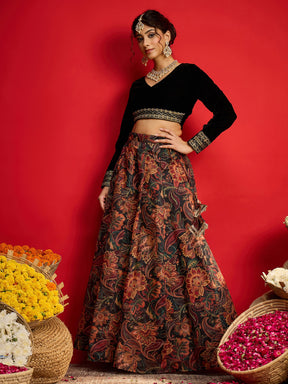 Black Velvet Full Sleeves Crop Top With Anarkali Skirt -Shae By SASSAFRAS