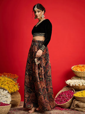 Black Velvet Full Sleeves Crop Top With Anarkali Skirt -Shae By SASSAFRAS