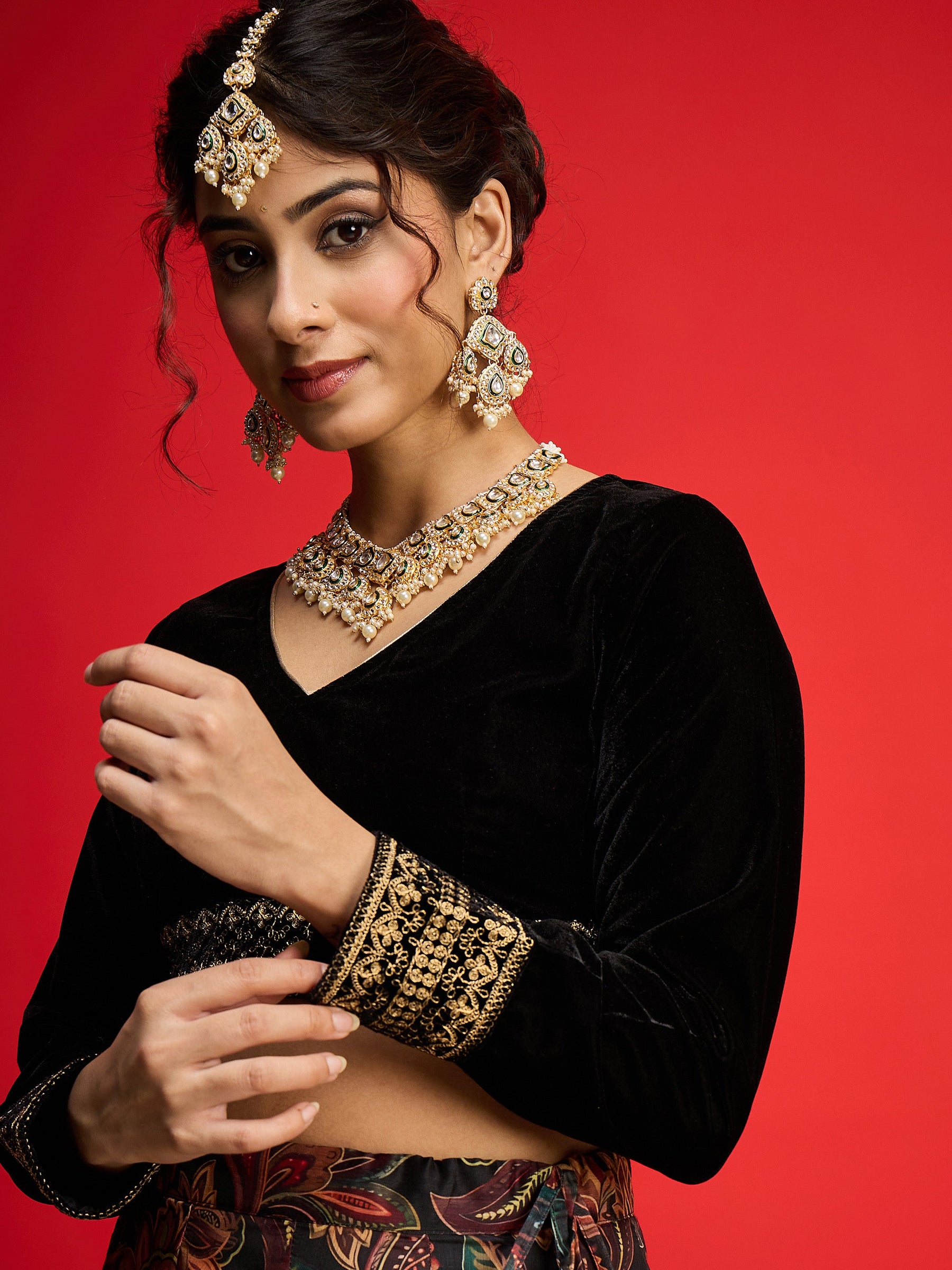 Black Velvet Full Sleeves Crop Top With Anarkali Skirt -Shae By SASSAFRAS