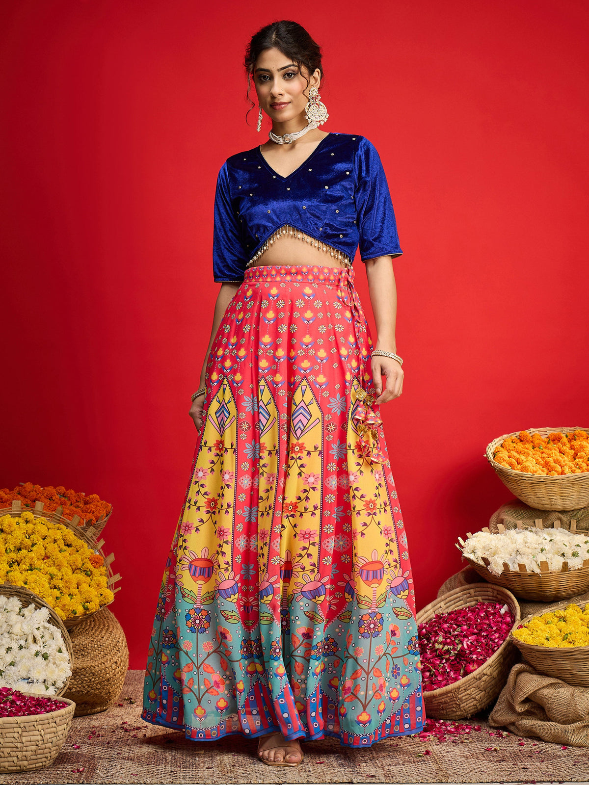 Blue Velvet Crop Top With Anarkali Skirt -Shae By SASSAFRAS