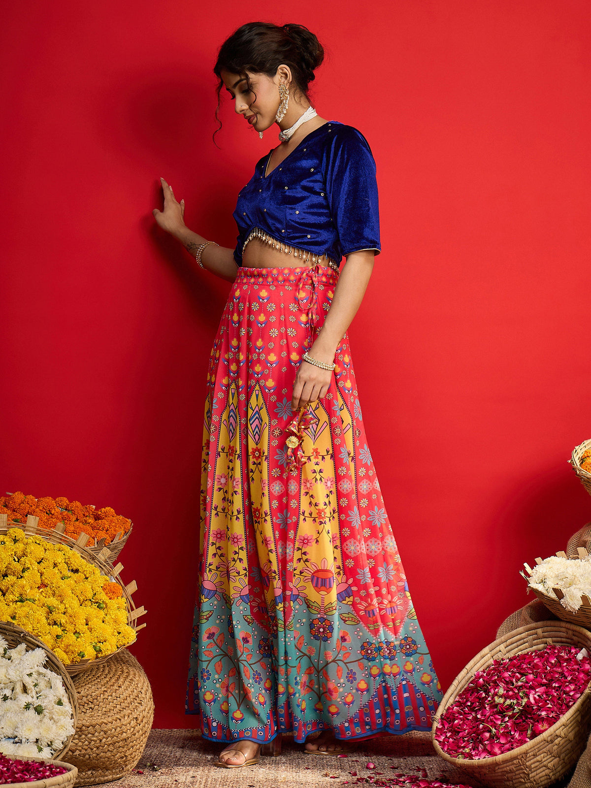 Blue Velvet Crop Top With Anarkali Skirt -Shae By SASSAFRAS